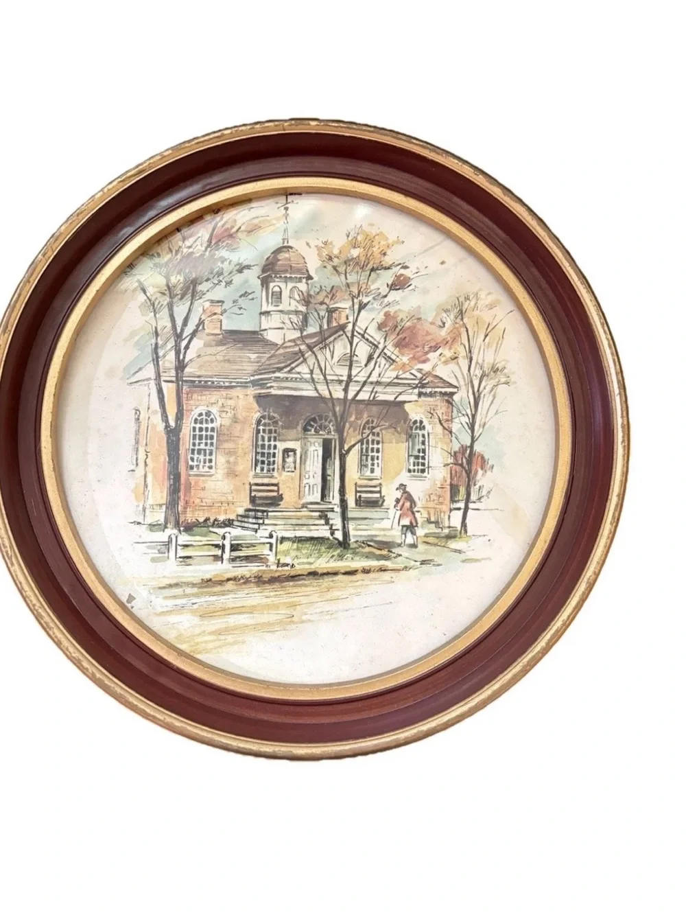 Vintage Pair of Round Framed Watercolor Wall Art Prints Building Williamsburg VA
